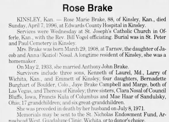 Obituary for Rose Marie Brake (Aged 88)
